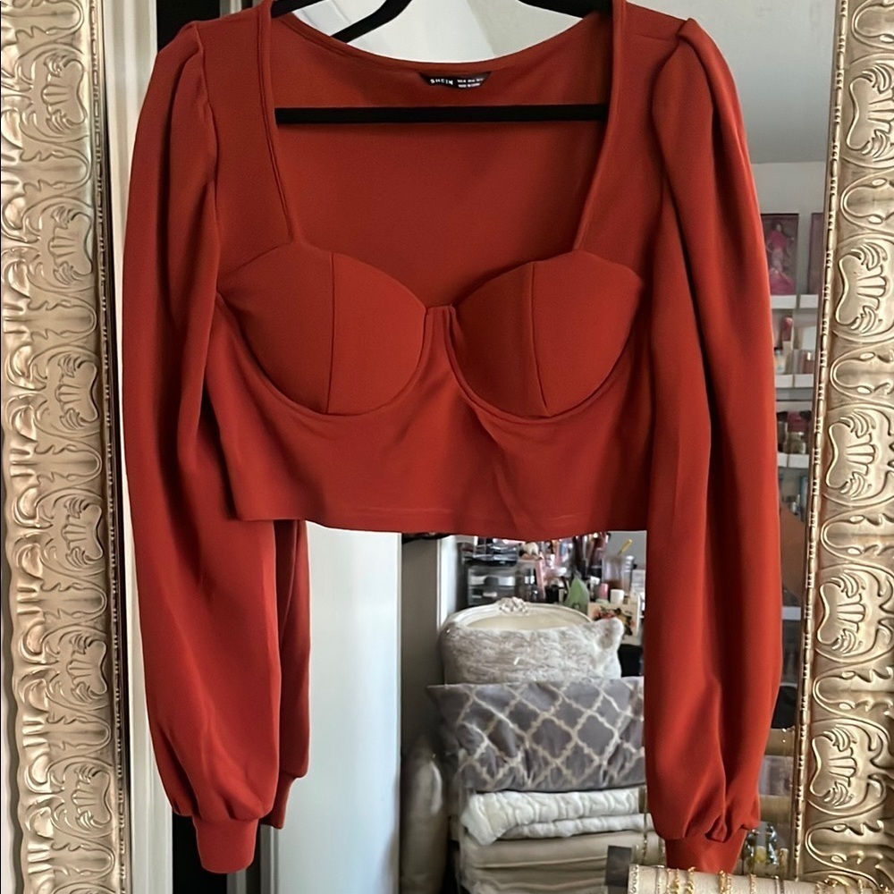 Shein|Rust Sweetheart Puff Sleeve Crop Top|XL|NWOT